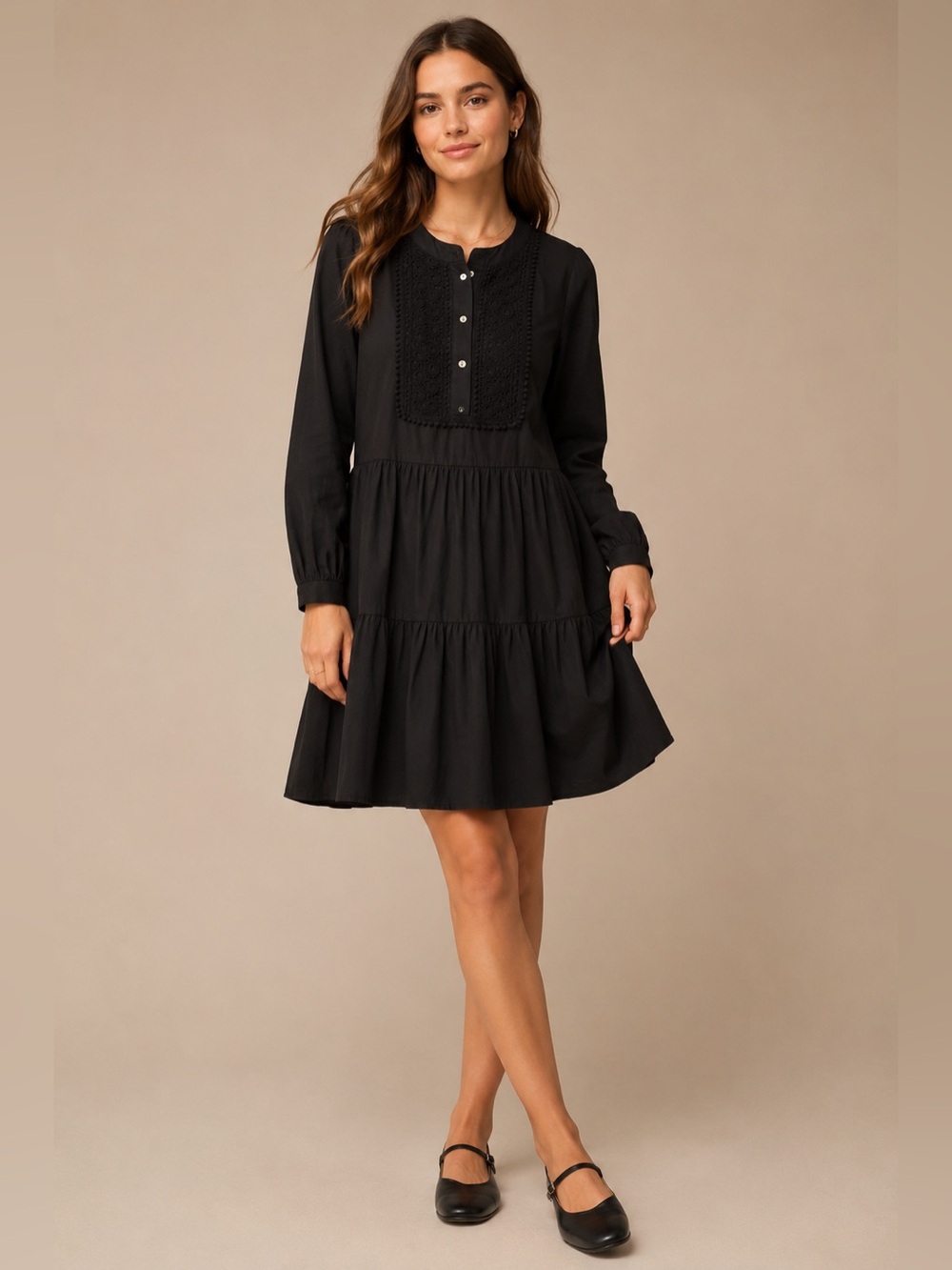 J.Crew Black Cotton Poplin Tiered Mini Dress Embroidered Bib Long Sleeve S